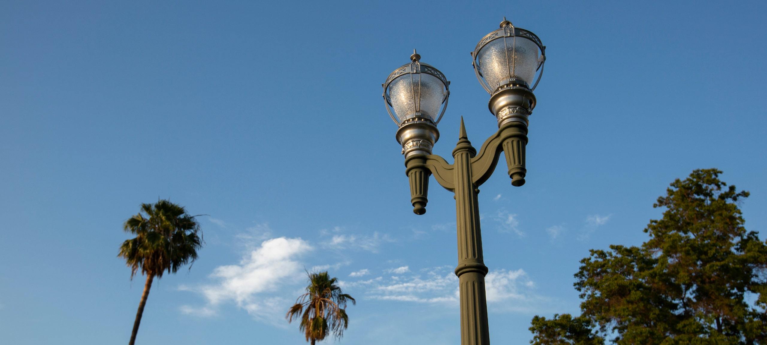 Historic lamp post and palm trees in Anaheim, California