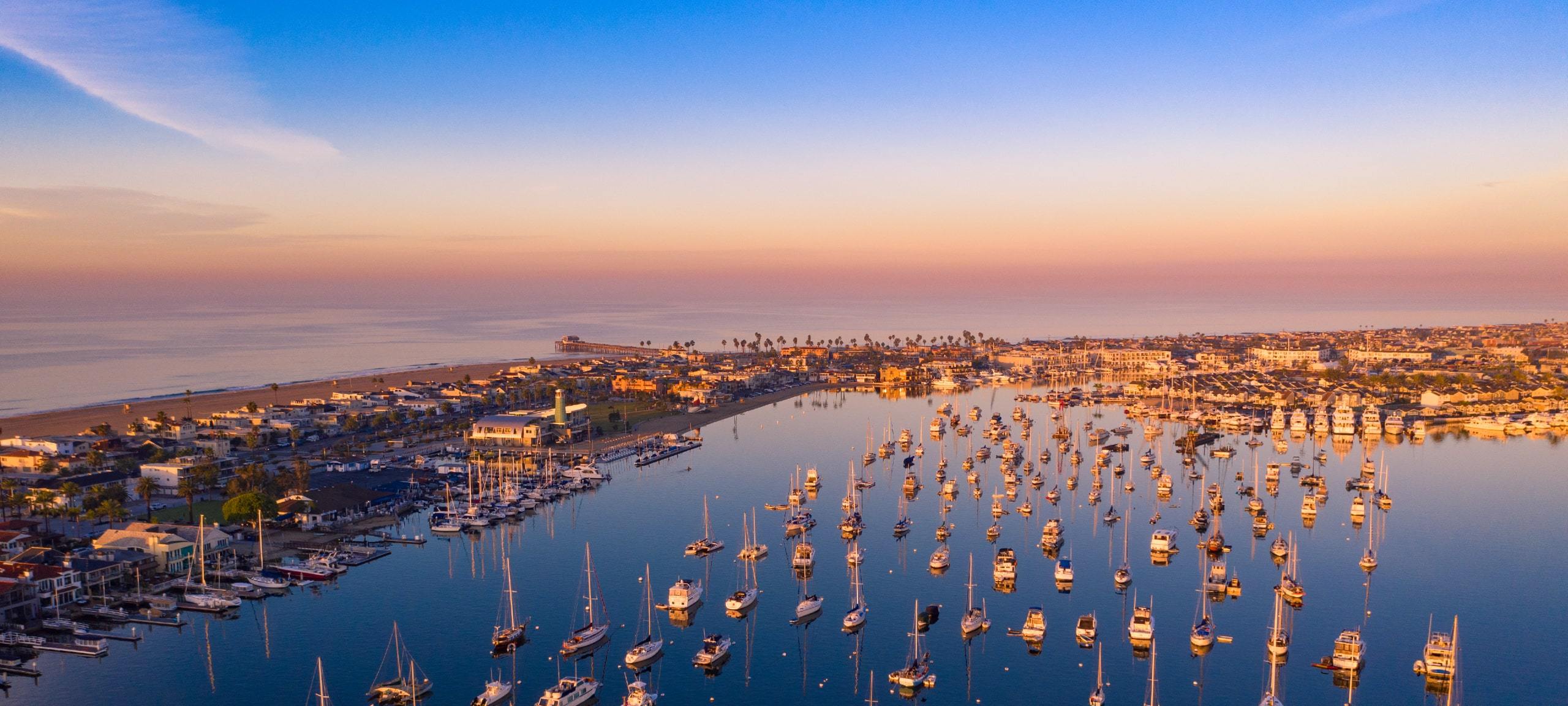 Aerial view of sunset at Newport Beach harbor