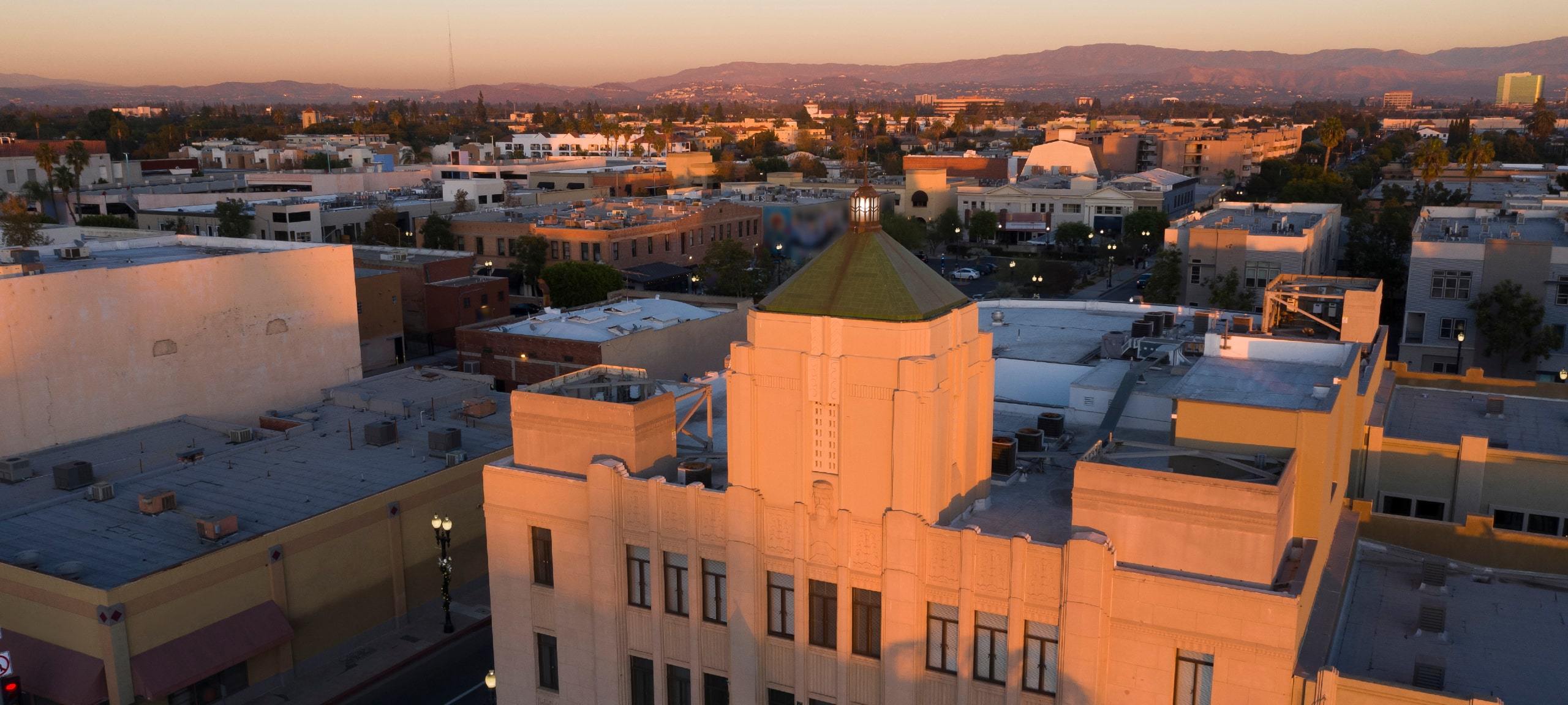 Aerial of City Hall in historic Santa Ana, at Main Street Studios
