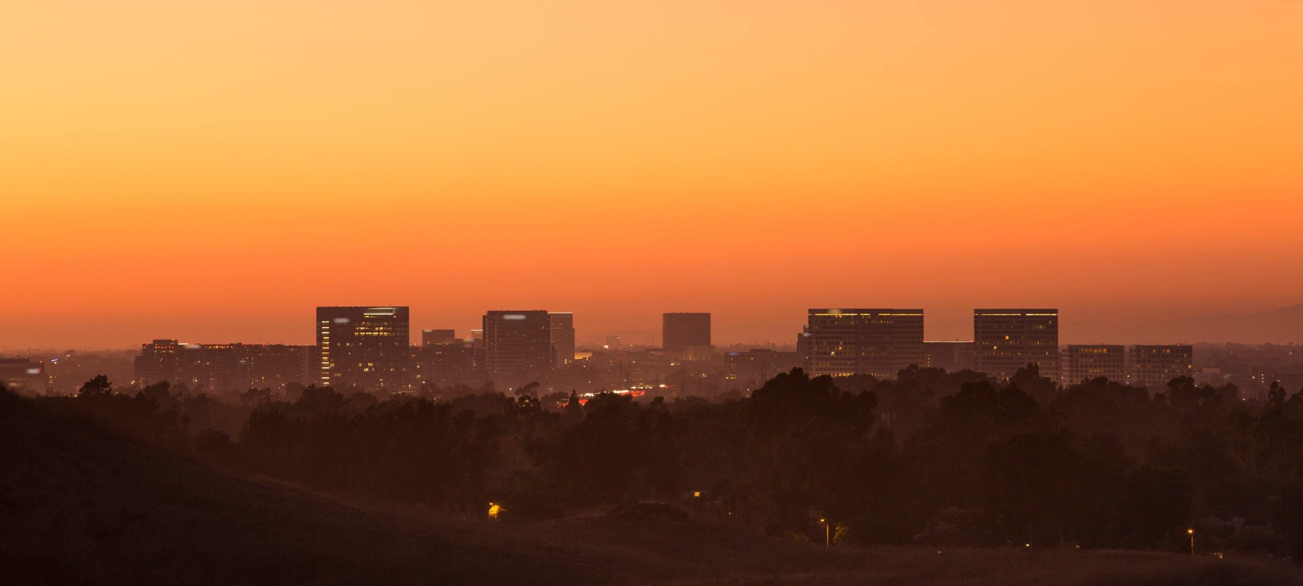 Sunset over Irvine, California near the Marquee at Park Place