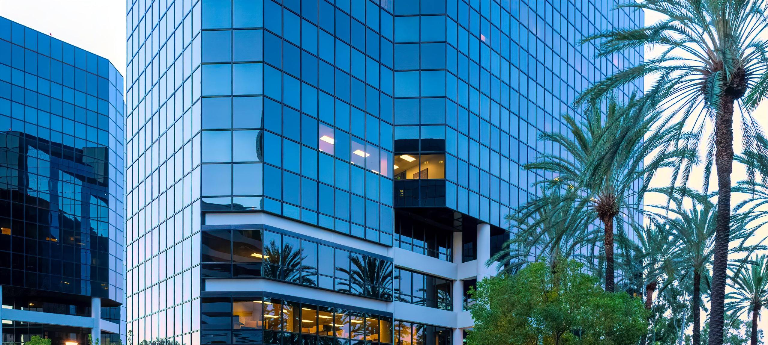 Modern downtown building in Irvine, CA at dusk